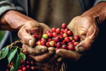 Agriculture picking coffee berries, Farmer's hand picking Arabica coffee berries or Robusta berries by the hands. Vietnam. Generative Ai