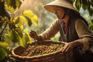 A female vietnamese farmer Picking Arabica coffee berries Robusta by hand. Generative Ai - obrazy, fototapety, plakaty