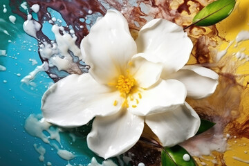 Beautiful photo jasmine splashed in bright paint, contemporary background, generative AI