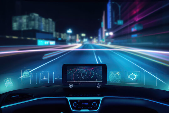 Intelligent transportation system (IoT) enabled smart car (HUD) concept with graphic sensor, radar signal system, and internet sensor link, generative AI