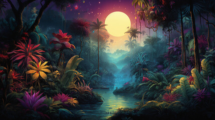 Fototapeta na wymiar Colourful tropical rain forest with round moon in the sky reflecting in the river. Fantasy psychedelic nature background. 