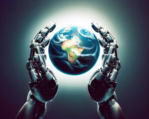 Obraz na płótnie Canvas Hands of a robot enclose a globe in front of a white spotlight. Generative AI