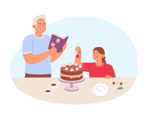 Families cooking in kitchen. Cheerful father and daughter making cake. Grandparent teaching grandchild kitchen skills. Cooking tasty food together. Flat vector illustration in warm colors