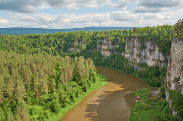 mountains and river view from above. Prytes river Ai. Satka city, Chelyabinsk region