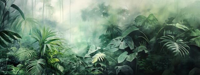 Tropical vegetation in rainforest with big leaves and haze. Green nature background with copy space.  