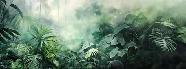 Poster Im Rahmen Tropical vegetation in rainforest with big leaves and haze. Green nature background with copy space.   © eshana_blue