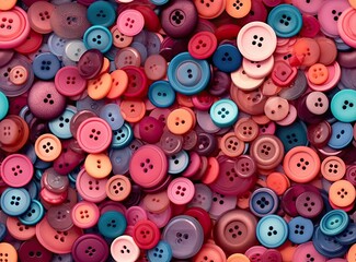 Many colorful garment buttons in various shapes and sizes. SEAMLESS PATTERN. Created with Generative AI technology.