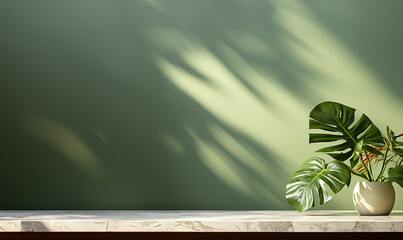 modern white marble stone counter table, tropical monstera plant tree in sunlight on green wall
