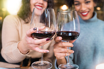 Multicultural Friends Toasting with Wine at Restaurant Counter - Cheers of joy as two women, one caucasian and one afroamerican, raise their wine glasses towards the camera.