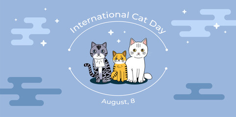  International Cat Day banner with three cute cats on a night sky background, Cat Day invitation, celebration of August 8.