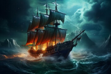 The Pirate Vortex, ship at the open sea. Dramatic image. Generative AI.