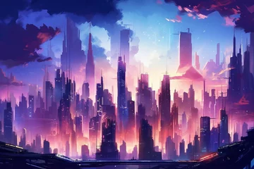 Foto auf Acrylglas Dunkelblau  fantasy city skyline, Generative AI