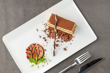 Tiramisu served with chocolate on a white porcelain plate