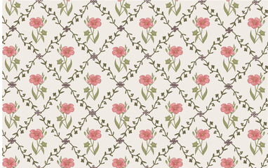 Seamless pattern Linum Flax Jasmine Hemlock tree wildflowers. Beautiful fabric blooming realistic isolated flowers Vintage background Wallpaper baroque. Drawing engraving Vector victorian illustration