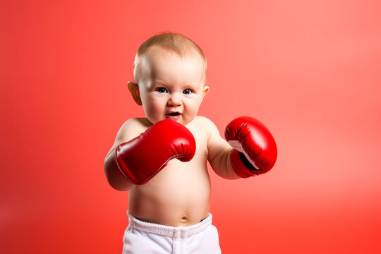 Adorable baby boy sporting red boxing gloves, set against a vivid, plain studio background. A perfect, heart-warming blend of innocence and fun. Generative AI