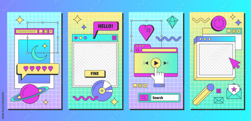 Aufkleber retro linear vaporwave post and banners template in y2k style. set of vintage social media ig posts 
