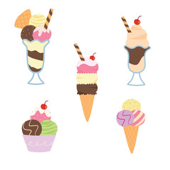 Scoop of ice cream set in cone, a bowl and a glass cup. Vector illustration cartoon flat style.