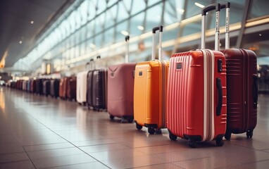 A row of colorful suitcases lined up in a row in airport. AI