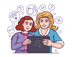 Happy ladies looking at tablet and chose rings. Happy people choose to shop through apps and online website on devices. Online shopping concept. Flat vector illustration in cartoon style
