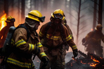 Fototapeta premium Firefighters battling fire in forest. Natural disaster accident