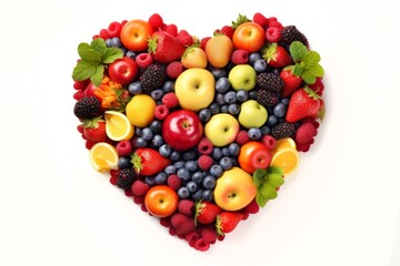 Naklejka na ściany i meble Food fruits photography background - Heart made of group of healthy fruits, isolated on white background, top view (Generative Ai)