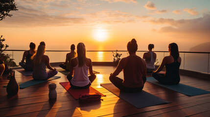 Group of People doing Yoga on a Terrace overlooking the Ocean, Generative AI