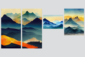 Set of abstract mountain wall art template.  Hills, colorful watercolor, grain, and texture. Perfect for decorative, interior, prints, and banner.
