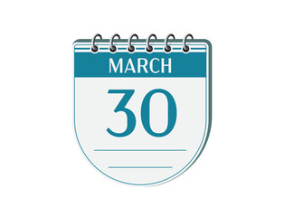 30 march retro events calendar page vector. Old style notebook calendar, date appointment, schedule, business planner, event reminder illustration. Abstract three dimensional vintage style calendar. 