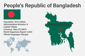 Obraz premium Highly detailed Bangladesh map with flag, capital and small map of the world