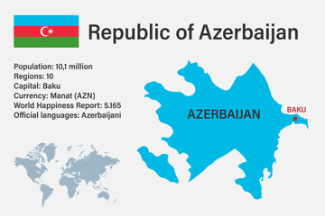 Highly detailed Azerbaijan map with flag, capital and small map of the world