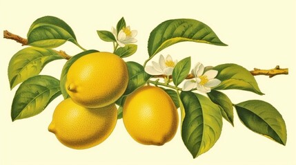 Lemon or citrus limon plant with fruits and flowers