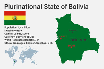 Highly detailed Bolivia map with flag, capital and small map of the world