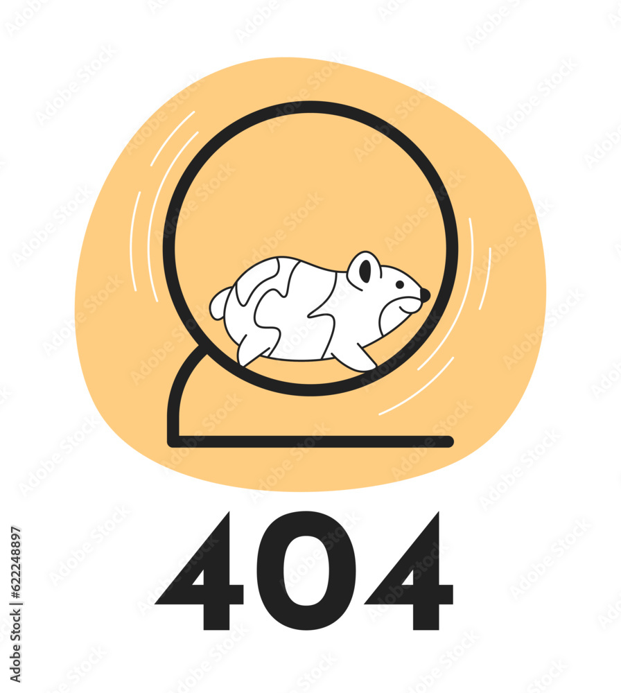 Poster funny hamster running in wheel black white error 404 flash message. monochrome empty state ui design