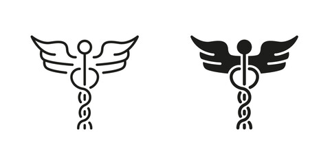 Pharmacy Emblem, Hospital Pictogram. Caduceus Medical Sign. Pharmaceutical Healthcare Symbol Collection. Caduceus Greek Insignia Line and Silhouette Black Icon Set. Isolated Vector Illustration