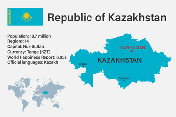 Highly detailed Kazakhstan map with flag, capital and small map of the world