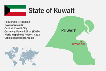 Highly detailed Kuwait map with flag, capital and small map of the world