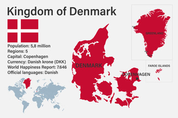 Highly detailed Kingdom of Denmark map with flag, capital and small map of the world