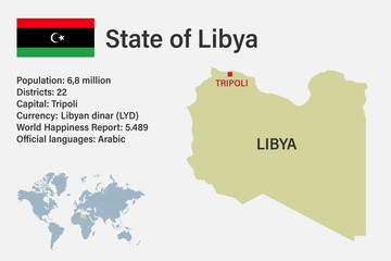 Highly detailed Libya map with flag, capital and small map of the world