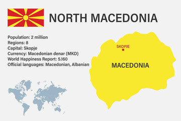 Highly detailed Macedonia map with flag, capital and small map of the world