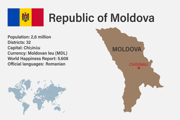 Highly detailed Moldova map with flag, capital and small map of the world