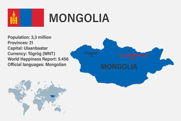 Highly detailed Mongolia map with flag, capital and small map of the world