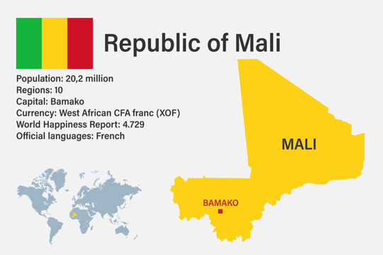 Highly detailed Mali map with flag, capital and small map of the world