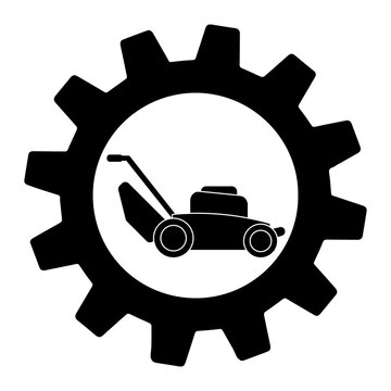 recommend clip art: Lawn mower machine icon technology equipment tool in gear, gardening grass cutter