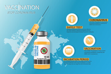 Vaccine ampoule with syringe. Covid-19 coronavirus vaccination concept