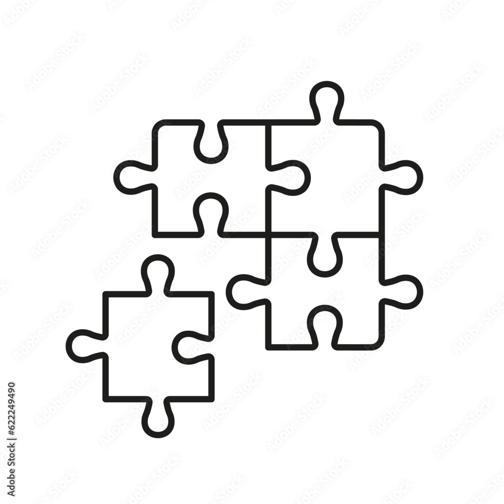 Poster puzzle square pieces match, logic combination linear pictogram. teamwork, idea, challenge game outli
