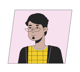 Stylish brunette man in glasses flat color cartoon avatar icon. Adult muslim. Editable 2D user portrait linear illustration. Isolated vector face profile clipart. Userpic, person head and shoulders