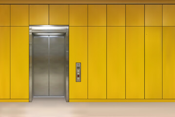 Chrome metal office building elevator doors. Open and closed variant. Realistic vector illustration yellow wall panels office building elevator.