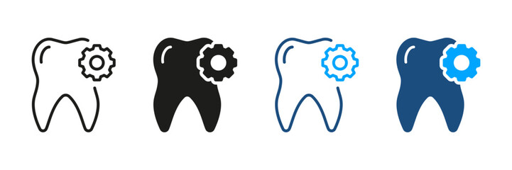 Tooth with Gear, Medical Extraction Pictogram. Dental Repair Silhouette and Line Icon Set. Orthodontic Oral Medicine. Dental Treatment, Dentistry Symbol Collection. Isolated Vector Illustration