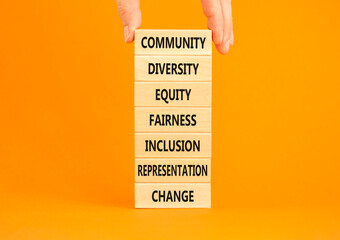 Diversity inclusion symbol. Concept words Community Diversity Equity Fairness Inclusion Representation Change on wooden block. Beautiful orange background. Diversity equity inclusion concept.
