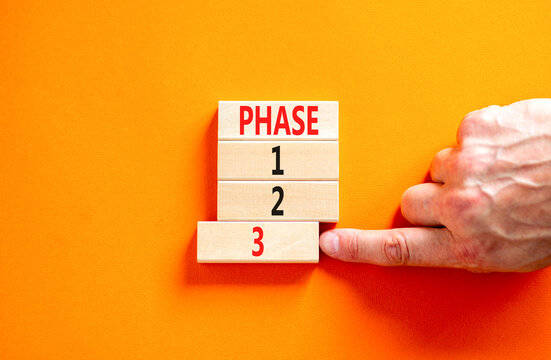 Time to phase 3 symbol. Concept word Phase 1 2 3 on wooden block. Businessman hand. Beautiful orange table orange background. Business planning and time to phase 3 concept. Copy space.